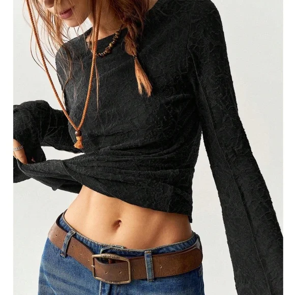 Solid lace Fitted Long Bell Sleeve Top